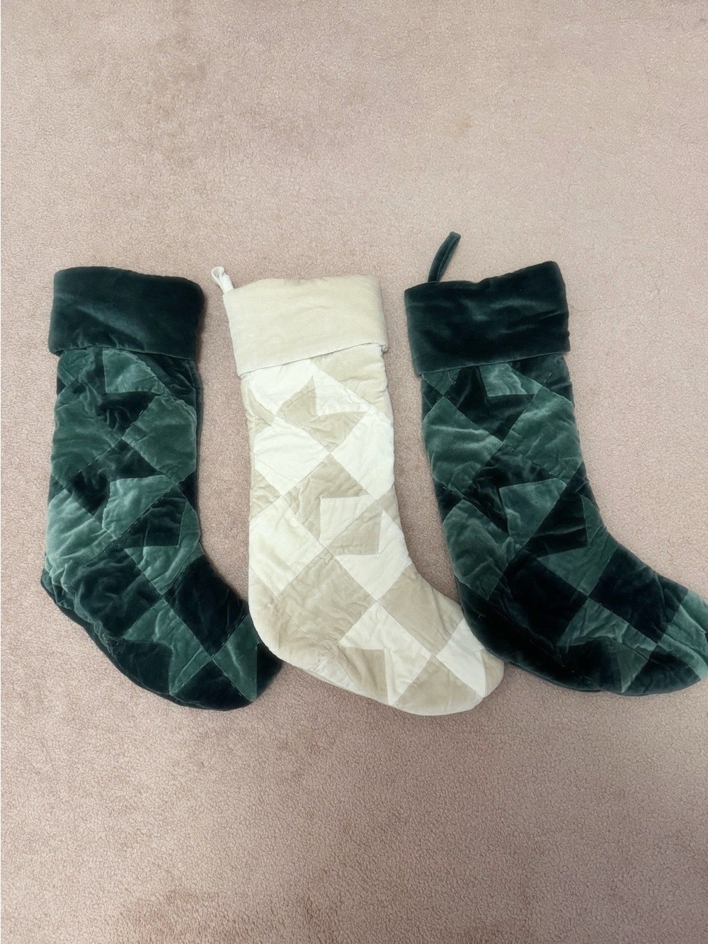Crate&Barrel Velvet Quilted Heritage Christmas Stockings - Green and Ivory